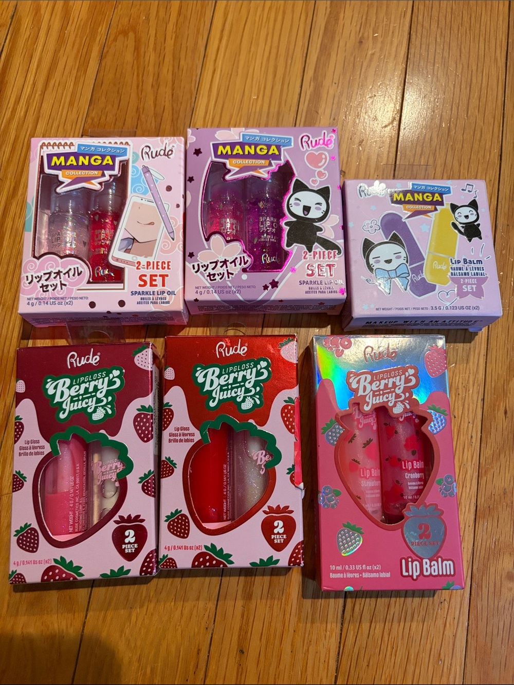 6 RUDE Manga & Berry Juicy Lip Balm + Sparkle Lip Oil Sets - Pink, Red, Purple